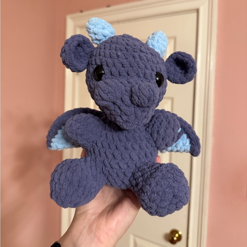 Handmade Crocheted Plush Dragon Toy in Purple and Blue